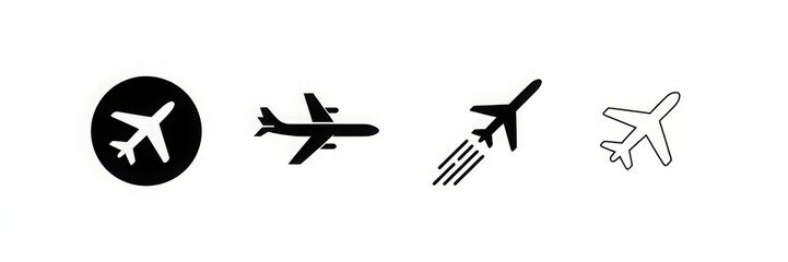Fototapeta premium Airplane icon takeoff logo black pictogram set vector or plane take off flying silhouette shape graphic simple plain clipart symbol, airport airline jet circle sign, aeroplane thin line outline art