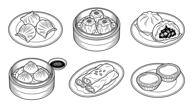 dim sum , realistic line art vector set , white background , PNG and SVG isolate