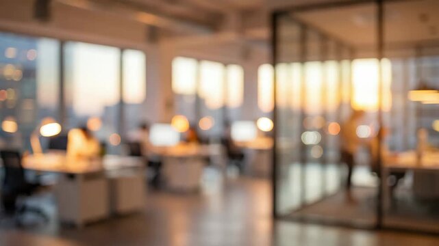 A blurred, out-of-focus background plate of a modern corporate office at sunset. Silhouettes of coworkers move subtly in a warm, bokeh-lit open space with city views. Ideal for business videos