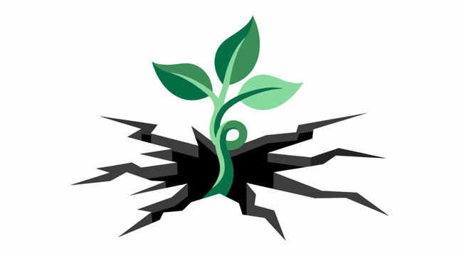 A resilient green plant emerges from a cracked surface, symbolizing growth, hope, and renewal, emphasizing nature's persistence in harsh environments and resilience.