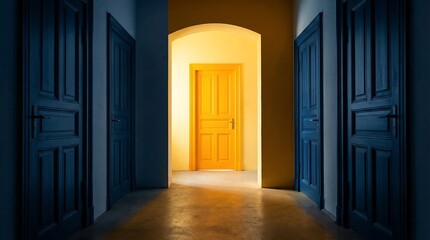 Fototapeta premium Open doorway revealing a bright yellow door in a dimly lit corridor with multiple doors