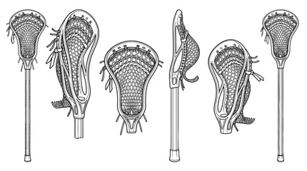 Naklejka premium lacrosse stick , realistic line art vector set , white background , PNG and SVG isolate