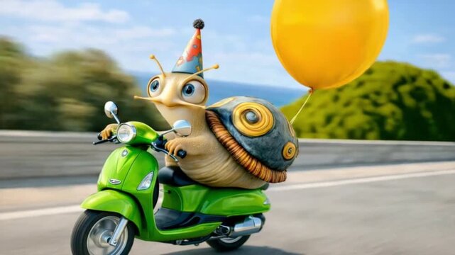 cute snail riding a green scooter along a seaside road,Happy Birthday Greeting Card