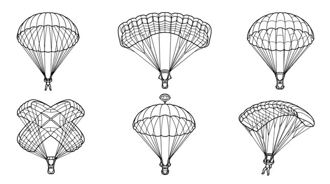 parachute , realistic line art vector set , white background , PNG and SVG isolate