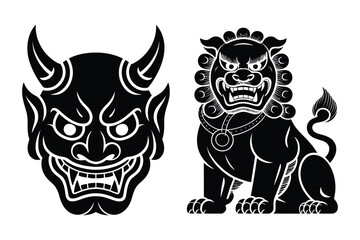 Obraz premium Japanese Oni Mask and Foo Dog Lion Statue Icons