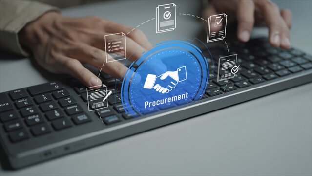 Procurement document management concept. Person typing keyboard with purchase order and document icons, supplier coordination, procurement process and business administration.