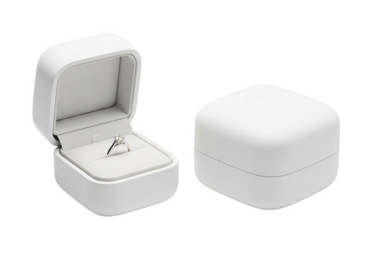 Luxury white jewelry ring box with lid open and closed showcasing elegant gold ring isolated on transparent background