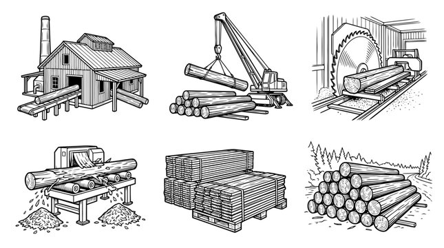sawmill , realistic line art vector set , white background , PNG and SVG isolate
