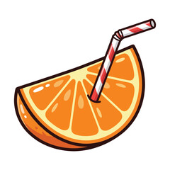 Orange Slice with Drinking Straw – Fresh Citrus Drink Cartoon Illustration
