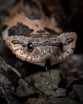 Juvenile Eastern Hognose snake macro portrait of hooded up head with tongue out