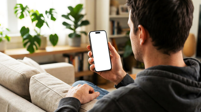 Hand holding mobile smartphone blank screen mockup cozy sofa lifestyle, man relaxing on couch using phone for social media app, digital technology home copy space advertising