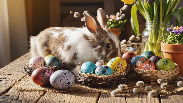 A brown and white bunny sniffs colorful Easter eggs arranged in baskets on a wooden table with grass and flowers in the background, conveying a joyful Easter scene with warm tones.
