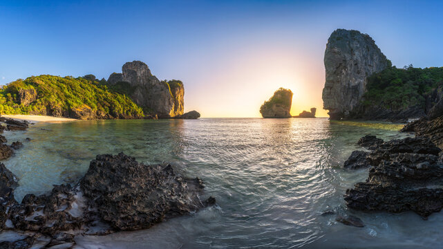 sunset at tropical beach nui beach on ko phi phi in the andaman sea in thailand