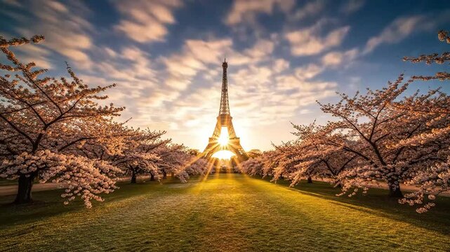 Eiffel Tower at Sunset with Blossoming Trees.