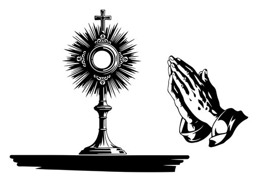 Vintage religious illustration of praying hands and a Catholic monstrance with sunburst