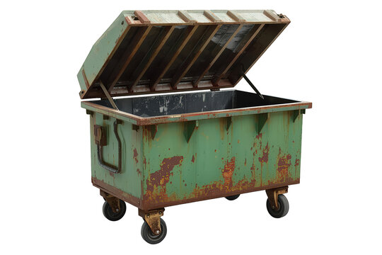Rusty green metal dumpster bin with open lid, showing aged waste container used for trash and garbage disposal