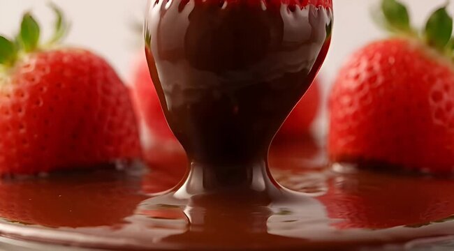 Delicious close up of a strawberry being covered in chocolate fondue