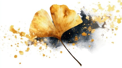 Naklejka premium A golden ginkgo leaf with artistic gold splatters and black ink wash on a white background, combining nature with abstract art.