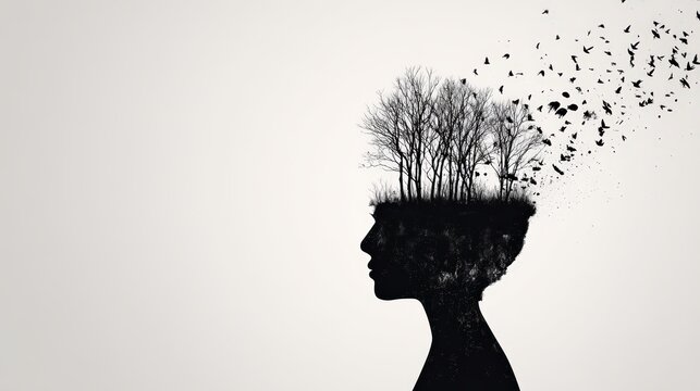 Silhouette of a person's head morphs into a forest with bare trees and birds flying away, symbolizing thoughts, freedom, and nature.