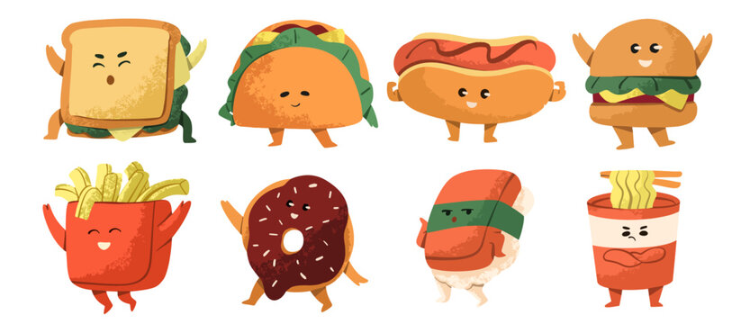 Cute fast food characters illustration set in cartoon style. Collection of funny anthropomorphic snacks. Perfect for kids design, food branding, menus, stickers, packaging, and playful restaurant