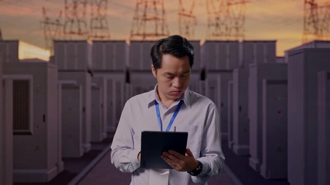 Asian Male Professional Worker Standing With His Tablet with High Voltage Power Transmission Towers, He Is Nodding His Head With Dissapionted