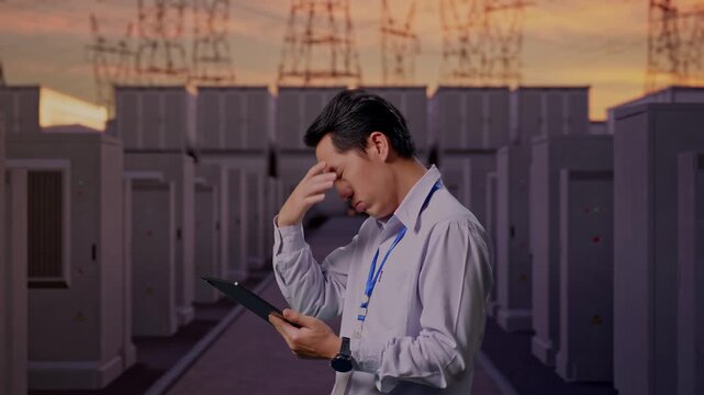 Side View Of An Asian Male Professional Worker Standing With His Tablet with High Voltage Power Transmission Towers, Checking With Dissapionted And Nodding His Head 