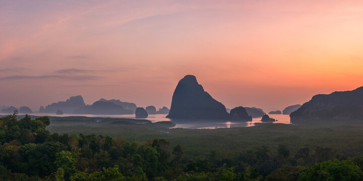 tropical islands in the phang nga bay from samet nangshe viewpoint at sunset in krabi in thailand