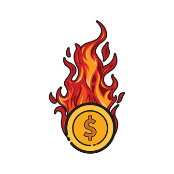 Dollar sign coin on fire engulfed in flames. Suitable for financial crisis or burning money concept graphics and designs.