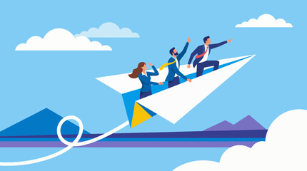 This dynamic image captures a business team confidently riding on a paper airplane, symbolizing innovative thinking, teamwork, and the potential for reaching new heights in their goals. © free