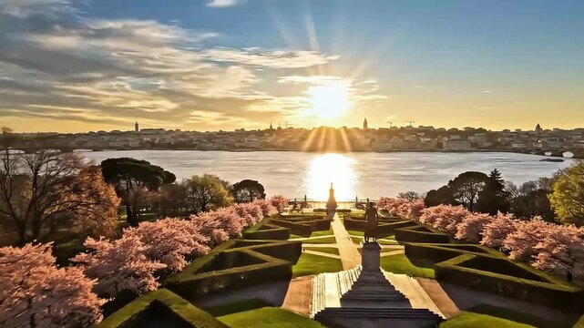 Sunset over Formal Garden Landscape.