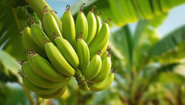 Unripe Bananas Thriving In Lush Tropical Garden Of Tenerife, Canary Islands, Spain: Detailed Close-Up View Of Green Banana Bunch.
