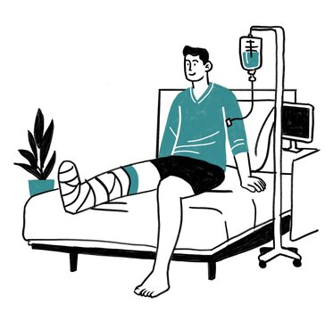 Ilustraci&oacute;n de hombre joven con una pierna vendada en la cama de un hospital