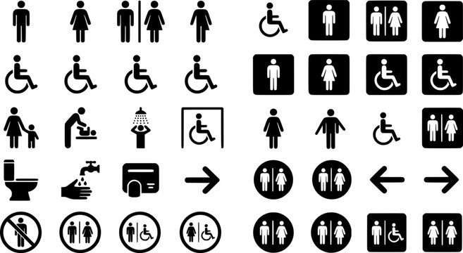 Vector set of diverse restroom signs featuring male female accessible and toilet icons for public facilities and wayfinding systems
