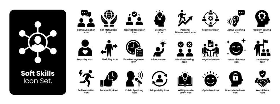 Soft Skills Icon Set: Communication, Teamwork, Creativity, Problem Solving, Leadership