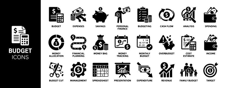 Detailed black and white icon set for finance and budgeting, covering concepts from expenses and savings to income and family budget