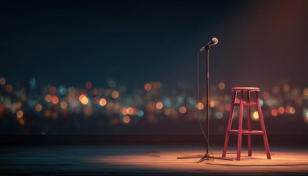 Stand Up Comedy Stage Set With Single Microphone And Stool On Stand. Essential Equipment For Comedian Performance In Nightclubs. Dynamic Graphic Layout.