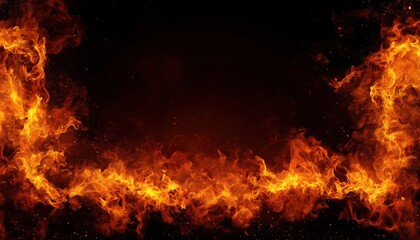 Obraz premium Fiery Border: Realistic Burning Flame Overlay With Hot Orange Red Light On A Dark Background, Glowing Fire Edges And Intense Flames