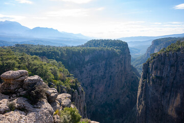Fototapeta premium Panorama landscape of Tazı Kanyonu (aka Eagles Canyon, Tazi Canyon) and Bilgelik Vadisi (aka Wisdom Valley). Located in Köprülü Canyon National Park, Antalya, Turkey.Tazı Canyon is wonder of nature, l