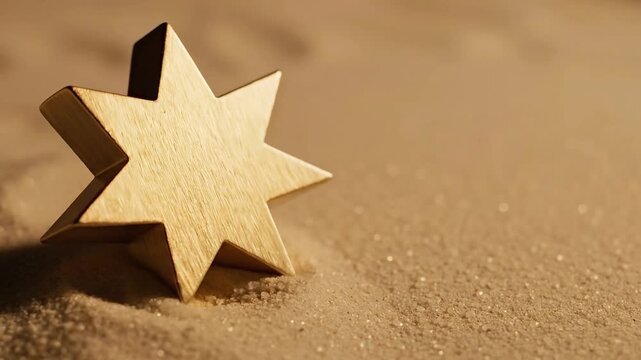Wooden Seven-Pointed Star Decoration in Golden Sparkling Sand with Warm Light and Copy Space, Festive Holiday Christmas Background