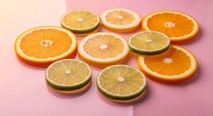 Fototapeta premium Sliced citrus fruits arrangement on pink surface for culinary and design