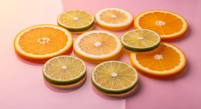 Sliced citrus fruits arrangement on pink surface for culinary and design