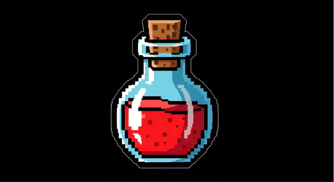 Magic Red Health Potion Glass Bottle Pixel Art Icon for Game Interface