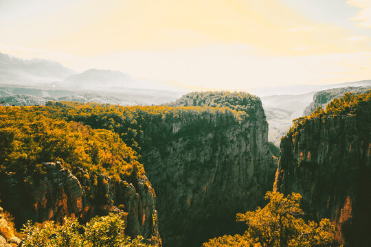 Panorama landscape of Tazı Kanyonu (aka Eagles Canyon, Tazi Canyon) and Bilgelik Vadisi (aka Wisdom Valley). Located in K&ouml;pr&uuml;l&uuml; Canyon National Park, Antalya, Turkey.Tazı Canyon is wonder of nature, l
