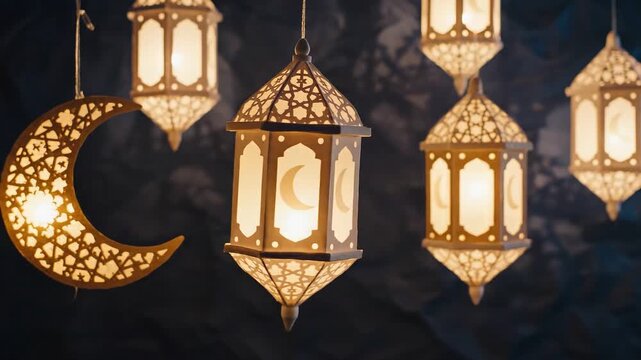 Beautiful glowing white Islamic lanterns and a crescent moon hanging against a dark background for Ramadan celebrations.