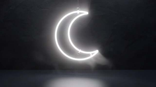 A minimalist white glowing neon crescent moon stands in a dark room with subtle reflections for Islamic holiday celebrations.