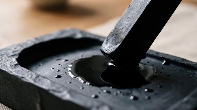 Traditional sumi ink stick grinding on slate inkstone with glossy water droplets