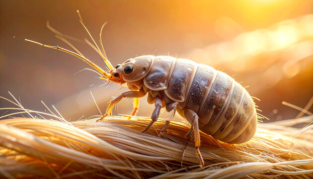 Close-up of a parasitic isopod crawling on textured surface extreme macro detailed shot in warm sunny lighting arthropod crustacean