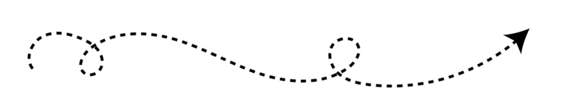 Long dash line arrow, curve horizontal dot direction path
