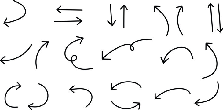 A collection of hand drawn arrows in various directions and styles including straight curved and bent arrows with different tips and line thicknesses