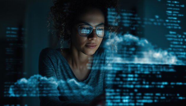 Futuristic Technology: Woman Utilizing Laptop With Database Connection, Ai Artificial Intelligence, And Computer Code On Virtual Screen, Digital Technology, Data Science, Cloud Computing Included.